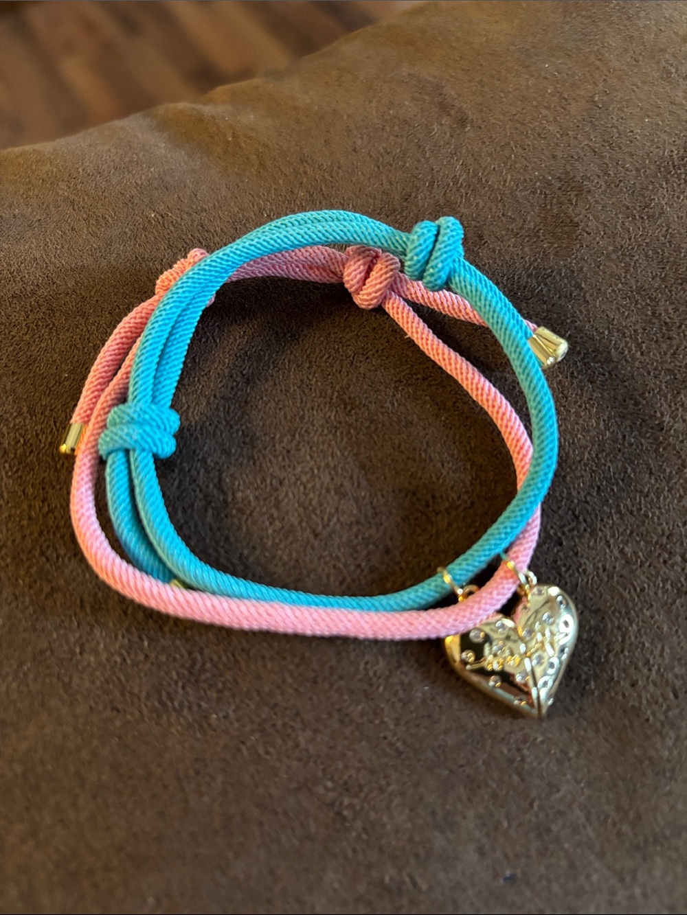 Pink & Blue Double Rope Bracelet with Heart Charm